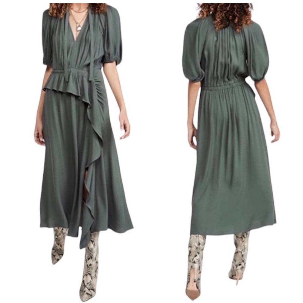 Ulla Johnson Olive Green Midi Dress with Puff Sleeves